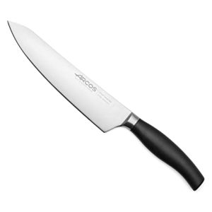 Arcos Cuchillo Chef Forjado 8 Pulgadas con Hoja Acero Inoxidable 200 mm, Cuchillo Cocina Profesional, Mango Inyectado Polipropileno POM, óptimo para Chefs Clase Mundial, Serie Clara, Color Negro