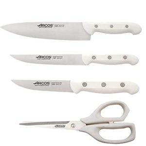 Arcos Juego Cuchillos Cocina cuchillo blanco cuchillos | cuchillos cocina Maitre | 4 piezas | Chef 215 mm, Cocina 150 mm, Verduras 100 mm Tijera cocina (Blanco)