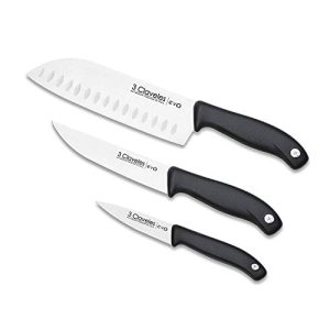 3 Claveles EVO - Set Cuchillos, Verduras 9cm + Cocina 13,5cm + Santoku 18cm, Acero Inoxidable, mango polipropileno, ligero y resistente