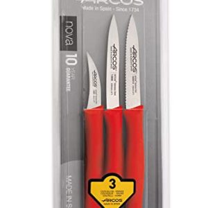 ARCOS Set 3 Cuchillos Peladores, 3 Cuchillos Peladores Acero Inoxidable y Mango Ergonómico Polipropileno para Cortar Frutas, Verduras y Tubérculos, Serie Nova, Color Rojo