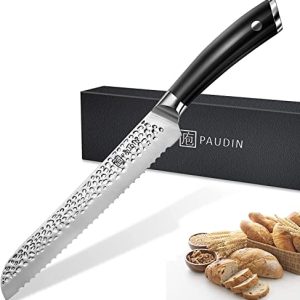 PAUDIN Cuchillo pan, cuchillo pan profesional cuchillo sierra 20cm y extra afilado acero inoxidable fino 5cr15mov con golpe de martillo y mango ergonómico, cuchillo cortador de pan para pan casero