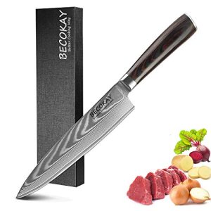 BECOKAY Cuchillo de Chef Damasco 20CM, VG10 Cuchillo de Chef japonés Cuchillo de Cocina Afilado Acero de Damasco 67 Capas, con Hoja Afilada y Mango de Madera Antideslizante, Exquisita Caja de Regalo