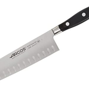 ARCOS Cuchillo Santoku Acero Inoxidable. Cuchillo cocina profesional japonés cortar carne, pescado y verduras. Mango ergonómico polioximetileno y Hoja 180 mm. Serie Riviera. Color negro