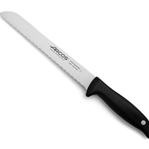 Arcos Cuchillo para pan 8 pulgadas con Hoja Acero Inoxidable Nitrum 200 mm, Obtenga una gran variedad cortes para su comida, Cuchillo óptimo para uso doméstico diario, Serie Menorca, Color negro