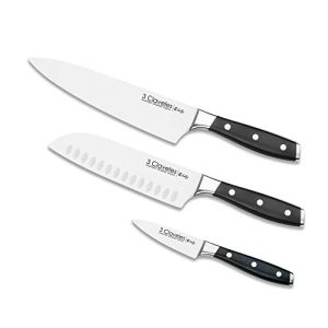 3 Claveles 28007 Set Cuchillos Cocina: Verduras 9cm + Santoku 18cm + Cocinero 20cm, Línea Toledo, Acero Inoxidable, Plata