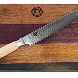 Kai Shun DM-0704W Classic White Set - Cuchillo jamonero (hoja de 23 cm, cuchillo japonés ultraafilado de acero de damasco + tabla de cocina grande de roble, 34 x 21 cm)