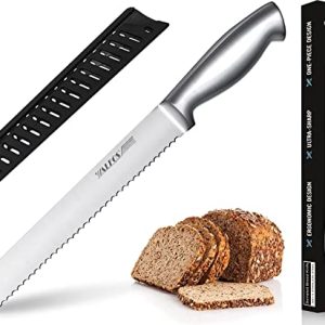 Walfos Cuchillo para pan, cuchillo de pan de acero inoxidable con filo ondulado, ultraafilado, diseño de una pieza, mango ergonómico y hoja de 8 pulgadas, ideal para cortar pan, bagels, pasteles