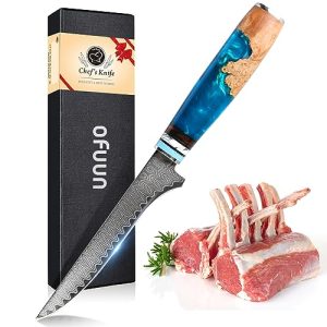 oFuun Cuchillo de Deshuesar Damasco, 15CM Cuchillo cocina de acero Damasco con caja de regalo, para deshuesar carne, aves, pollo, pescado