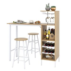 LIFEZEAL Juego de Comedor con 2 taburetes de Bar, Barra de Cocina con 2 sillas Altas, Mesa de Bar con peldaños Abiertos, botellero para Copas de Vino, para Cocina, salón y Bar (Natural)